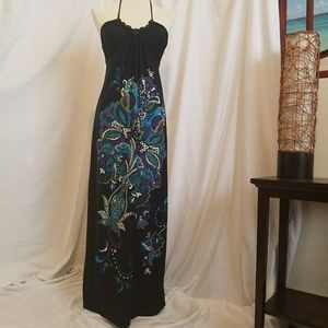 Maxi S Black bejwewled tropical halter dress